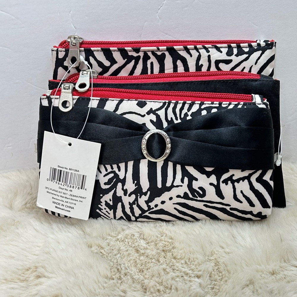 Modella 3 Piece Purse Set Zebra Print‎ Black Bow Accent Travel Organization NEW